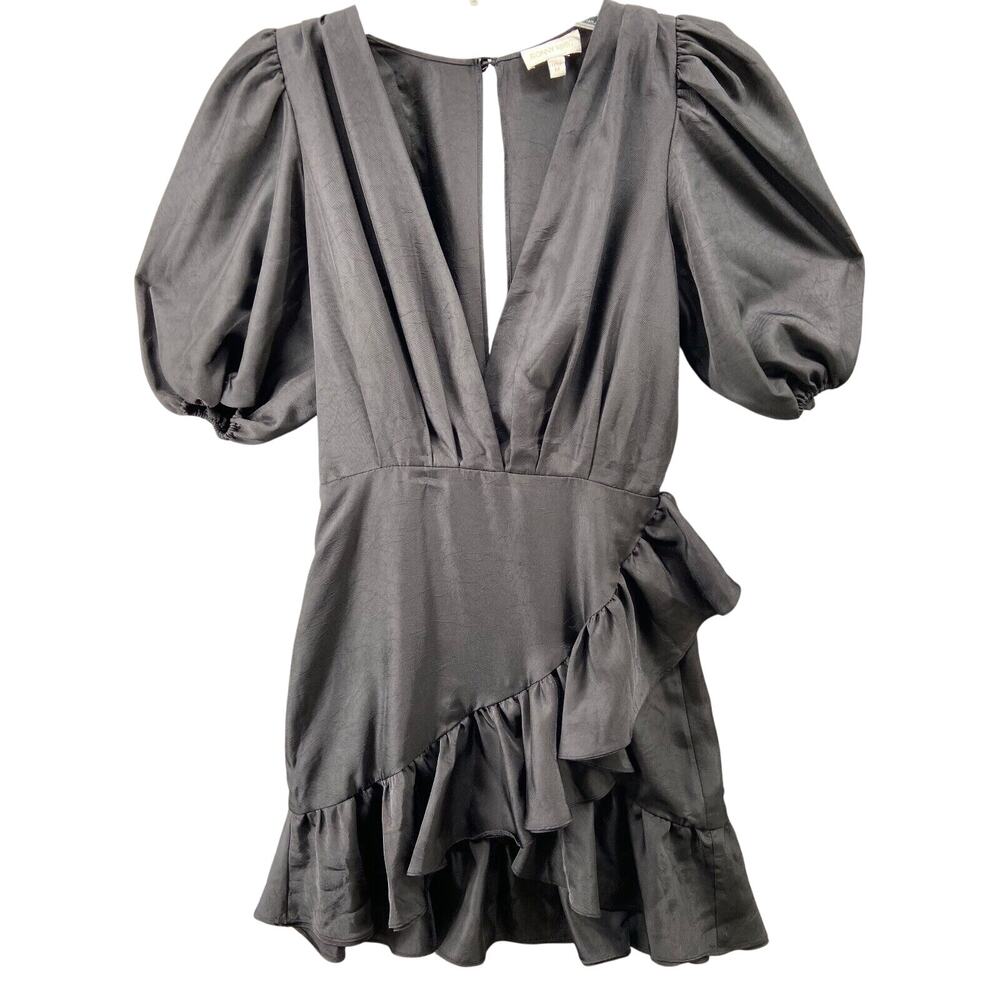 Ronny Kobo Dress Sz Medium Mindy Puff Sleeve‎ Ruffle Plunging Mini in Black